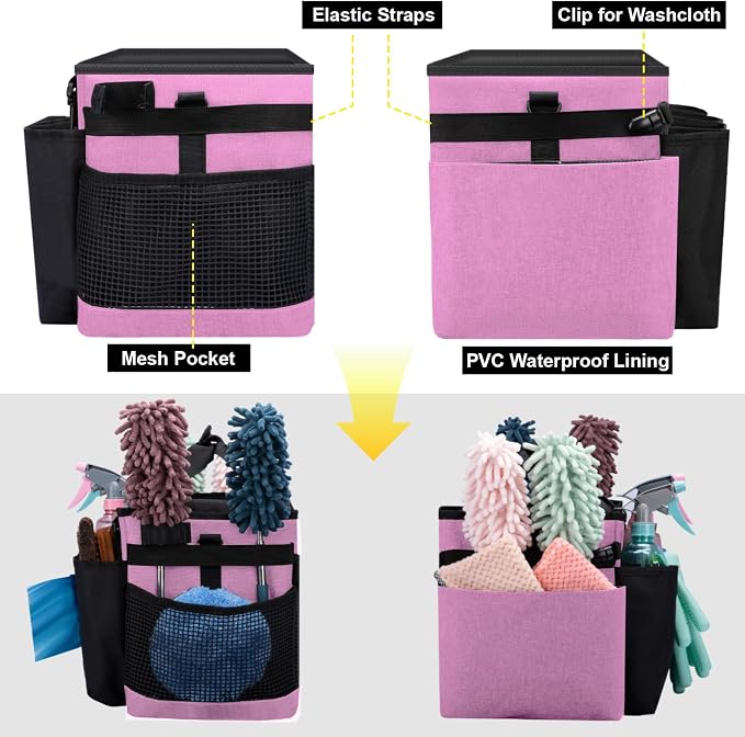 Wearable Large Cleaning Caddy Bag for Housekeeper, Clean Supply Organizer with Adjustable Shoulder, Waist & Handle Straps, Detailing Bag for Kitchen Supplies (Pink) - Image 5