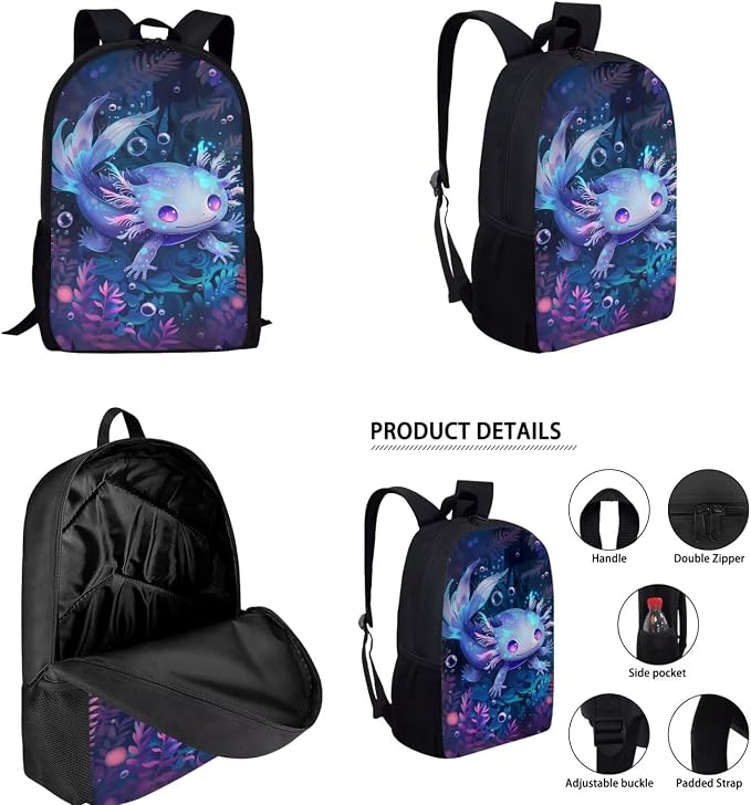 Galaxy Axolotl Backpack with Lunch Box Kids Girls 6-8/5-7 Ocean Elementary School Bookbag Lunch Bag Pencil Case Water Bottle Holder 17in Under the Sea Book Bags 4PCS Student Back Pack Set - Image 2