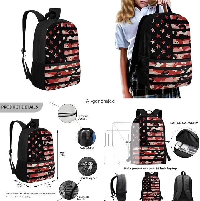 American Flag Camo Backpack for Boys Kids Backpack with Lunch Box Water Bottle Pouch and Large Pencil Case 4PCS Set Bookbag with Front Pocket for School 17" Lightweight School Bag for Girls - Image 3