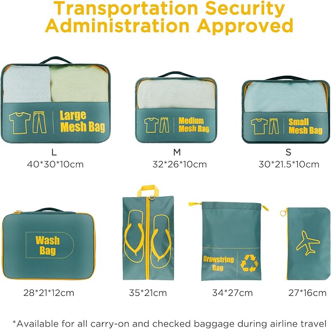 AiQInu Suitcase Organiser Set 7 Pieces Waterproof Packing Cube Suitcase Organiser Packing Cubes Shoe Bag Clothes Bags for Suitcases - Image 2