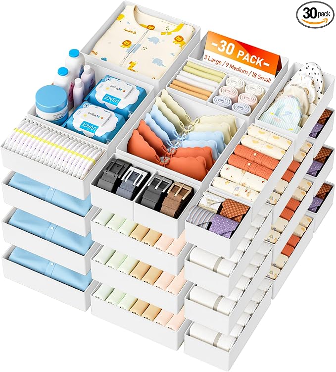 DIMJ Drawer Organizer Clothes - 30 Pack Closet Drawer Organizer Bins for Baby Clothes Storage, Fabric Dresser Organizer for Nursery Bedroom, Foldable Small Drawer Dividers for Underwear Socks by DiMJ