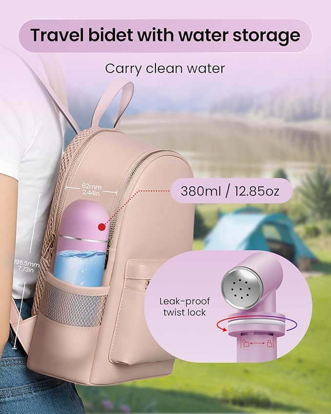Portable Bidet for Travel & Camping - Manual Squeeze Handheld Peri Bottle for Feminine Hygiene, 3 Leak-Proof Seals, Extendable Sprayer with Rotating Nozzle for Men & Women (Light Purple, General)
