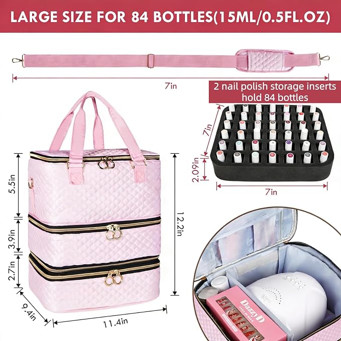 Nail Polish Organizer Bag Hold 84 Bottles(15ml/0.5 fl.oz), 3 Layers Nail Kit Supplies Organizer Bag Travel, Nail Organizers and Storage Case with Holder & Shoulder Strap, pink - Image 4