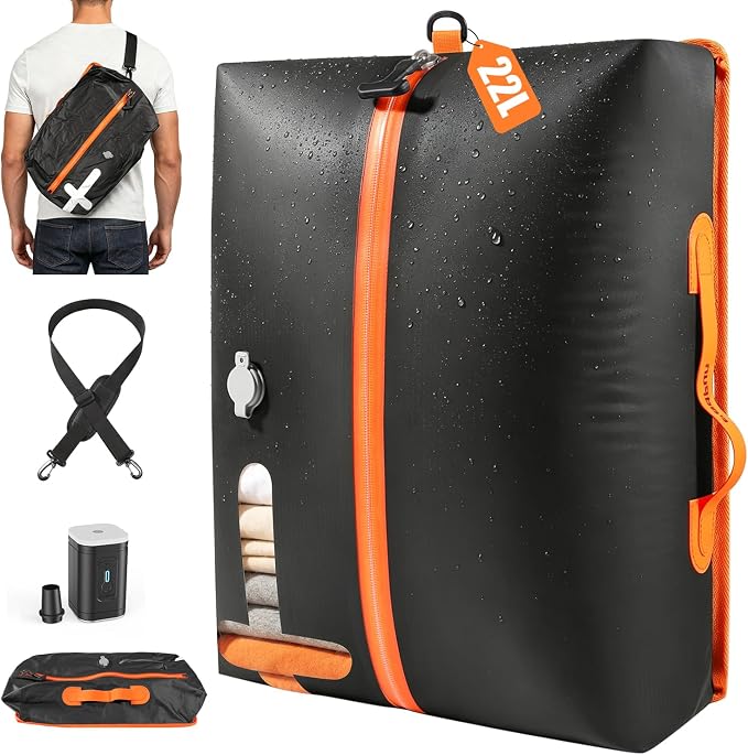 Travel Vacuum Bags with Shoulder Strap – IP67 Waterproof Vacuum Seal Reusable 22L Carry-On Compression Bags for Clothes, Suitcase & Luggage(1-Pack,Black) by Unknown