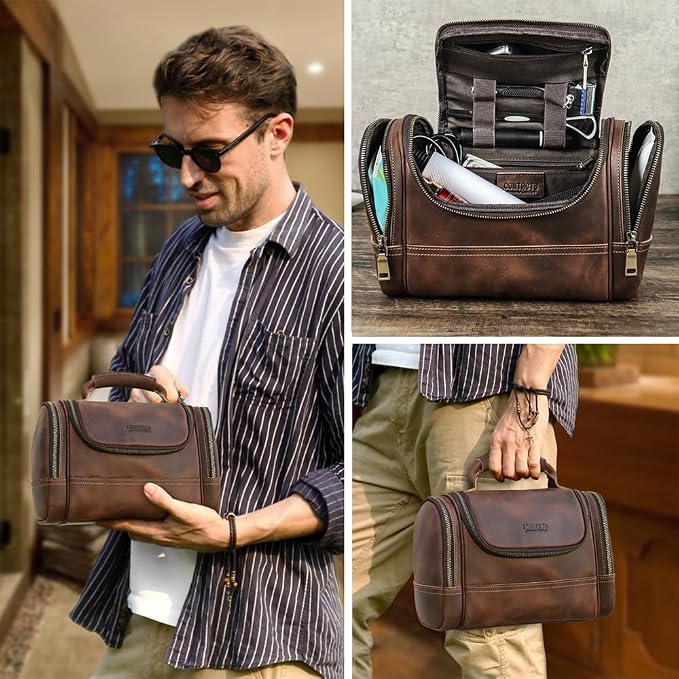 CONTACTS Crazy Horse Leather Toiletry Bag for Men Travel Bathroom Shaving Dopp Kit Toiletries Organizer Vintage Brown Cosmetic Bag Handbag - Image 2