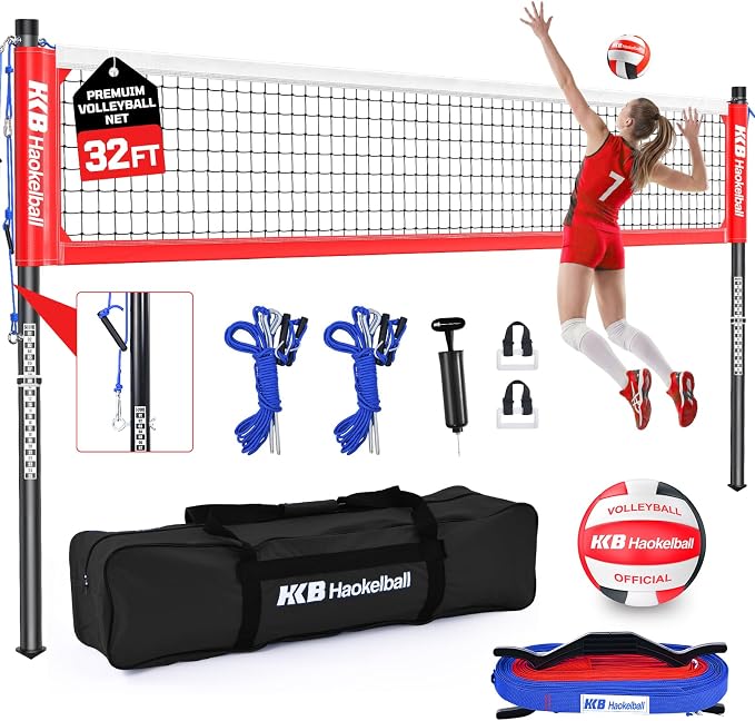 Haokelball Outdoor Volleyball Net Set for Backyard, 32FT Regulation, 3-Level Adjustable Height & Anti-Sag Tension System, Heavy Duty Thick Poles, Includes Volleyball, Pump, Boundary Line and Carry Bag by Haokelball