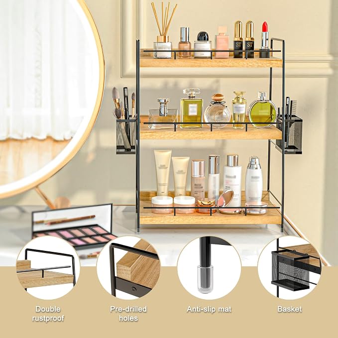 3 Tier Bathroom Counter Organizer with Side Baskets, Wood Countertop Vanity Shelf,Sturdy Metal Frame fits Tall Bottles - Image 4