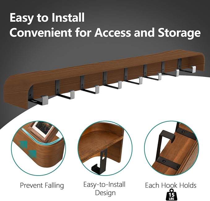 Coat Rack Wall Mount with Shelf 8 Hidden Hooks Modern Wooden Key Holder Entryway Organizer for Hallway Bedroom Bathroom Home Decor Storage for Hanging Coats Hats Bags Towels, Walnut - Image 4