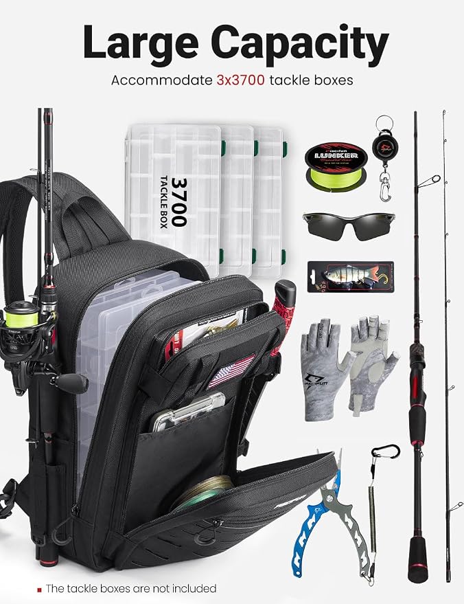 Piscifun Fishing Backpack Tackle Bag with 2 Rod Holders, Multi-Compartment Storage, MOLLE System, Water-Resistant Lightweight Outdoor Pack - Image 7
