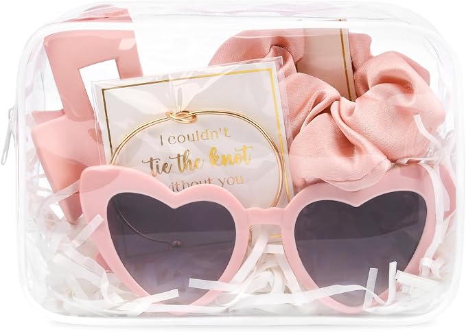 DEEKA 5 Pcs Bridesmaid Proposal Bag Set Gift Clear Makeup Toiletry Bag Bachelorette Party Favors Sunglasses Hair Claw Clips Scrunchies Knot Bracelets Bridal Wedding Party Gifts (Pink) by DEEKA