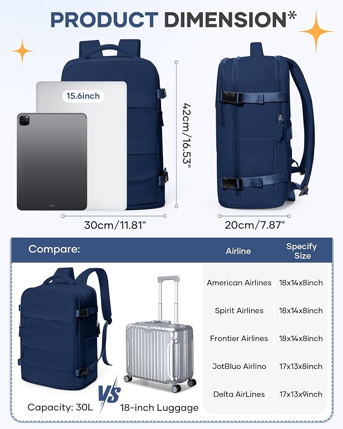 coofay Travel Backpack Carry On Backpack Personal Item Travel Bag Mochila De Viaje Carry On Backpack For Airplanes Traveling Backpack For Women Gym Backpacks College Backpacks Sapphire Blue - Image 4