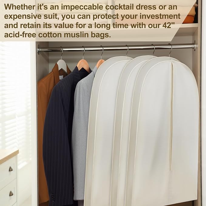 3 Pcs 42 Inch Acid Free Cotton Muslin Suit Garment Bag Long Dress Suit Storage Box Closet Organizer for Suits, Coats, Travel Bag - Image 6