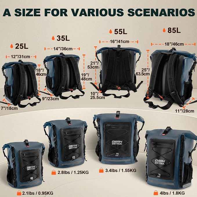OSAH DRYPAK Waterproof Backpack Dry Bag 35L/55L/85L – Heavy Duty Roll-Top Hiking Backpack Sack Keeps Gear Dry for Travel, Kayaking, Boating, Camping, Rafting and Fishing - Image 2