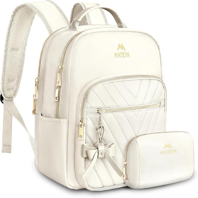 MATEIN Cute Backpack for Women, Mini Stylish Daypack Purse, 2pcs Set, Beige | Waterproof Anti-theft Casual Daily Rucksack, Ladies Teen Girls Shoulder Bag Handbags, Bookbag for Travel Work School College by MATEIN
