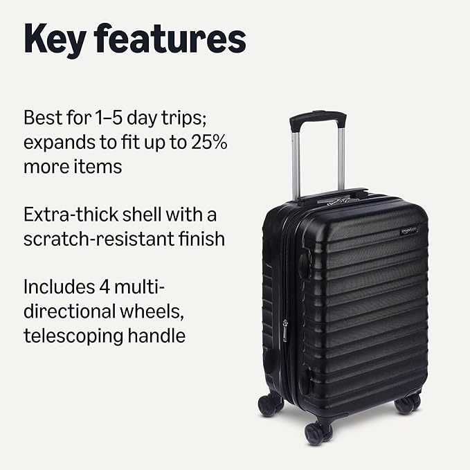 Amazon Basics 21" Hardside Carry-On Luggage with Spinner Wheels, Expandable for Up to 25% More Space, Scratch-Resistant Hard Shell, Telescoping Handle, Black - Image 2