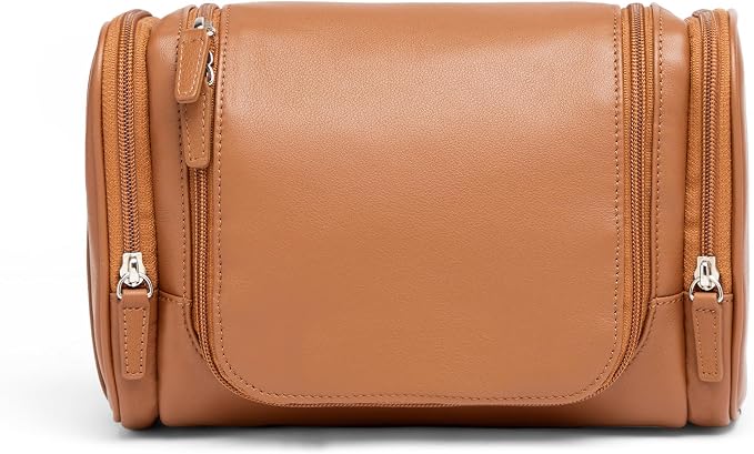 Leatherology Cognac Small Hanging Toiletry Kit – Compact Leather Travel Organizer with Interior Zip Pockets, Mesh Pouches & Hanger | Full-Grain Leather Toiletry Bag for Men & Women by Leatherology