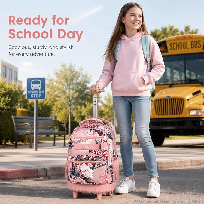 3Pcs Rolling Backpack for Girls Women, 19 Inche Adults Roller Bag with Wheels, Flower Wheeled Bookbag with Lunch Box(Pink) - Image 8