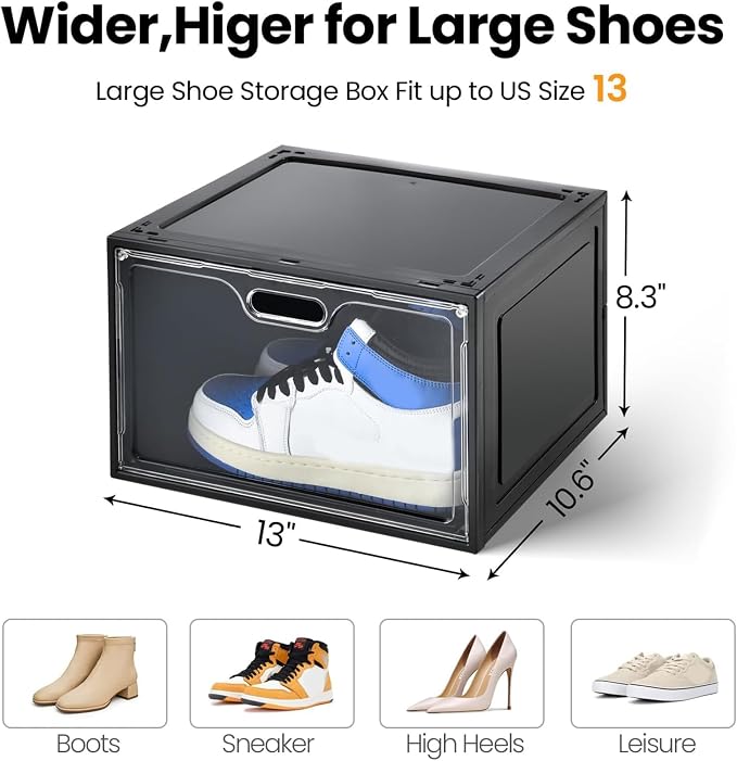 Amllas 8 Pack Shoe Boxes Black Plastic Stackable, Large Shoe Storage Organizer,Drop Side Front Shoe Containers for Entryway,Sneaker Storage Fit up to US Size 13 for Men/Women(13’’x 10.6”x 8.3”) - Image 2