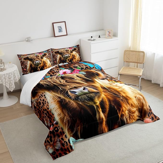 Erosebridal Kids Highland Cow Bedding Set Queen Size, Boys Teens Leopard Print Comforter Set Girls Butterfly Western Cowboy Duvet Insert Bull Cattle Flower Duvet Sets Soft for Bedroom Decor, Brown - Image 4