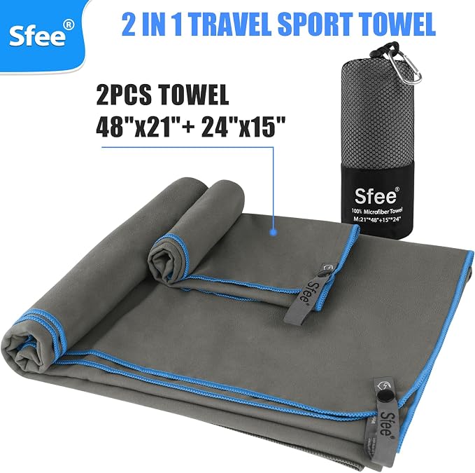 Sfee 2 Pack Microfiber Travel Towel, Quick Dry Towel Camping Towel Super Absorbent Compact Lightweight Sports Towel Swim Gym Towels Beach Towel Set for Gym, Hiking, Pool, Backpacking, Bath, Yoga - Image 6