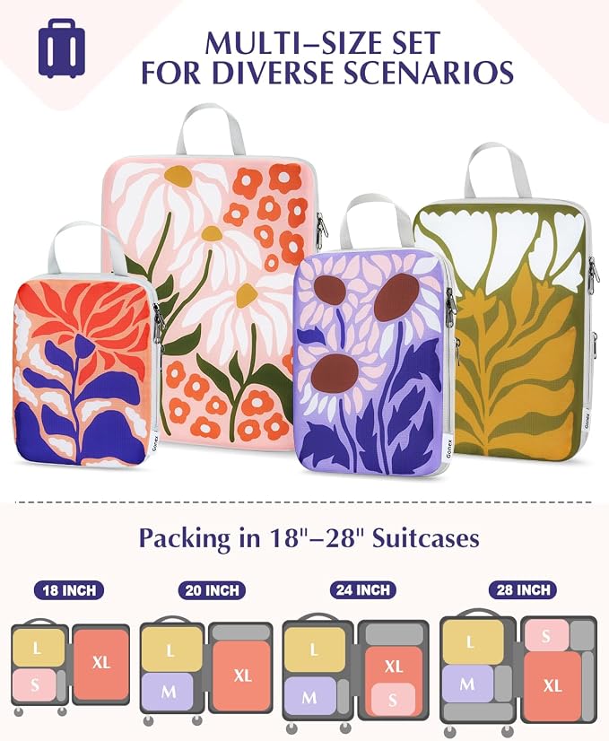 Gonex Compression Packing Cubes, 4pcs Expandable Storage Travel Luggage Bags Organizers, Travel Cubes for Suitcase Carry On (Flowers) - Image 3