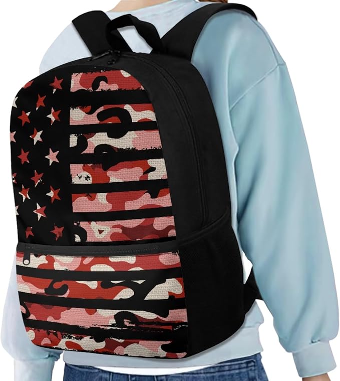 American Flag Camo Backpack for Boys Kids Backpack with Lunch Box Water Bottle Pouch and Large Pencil Case 4PCS Set Bookbag with Front Pocket for School 17" Lightweight School Bag for Girls - Image 2