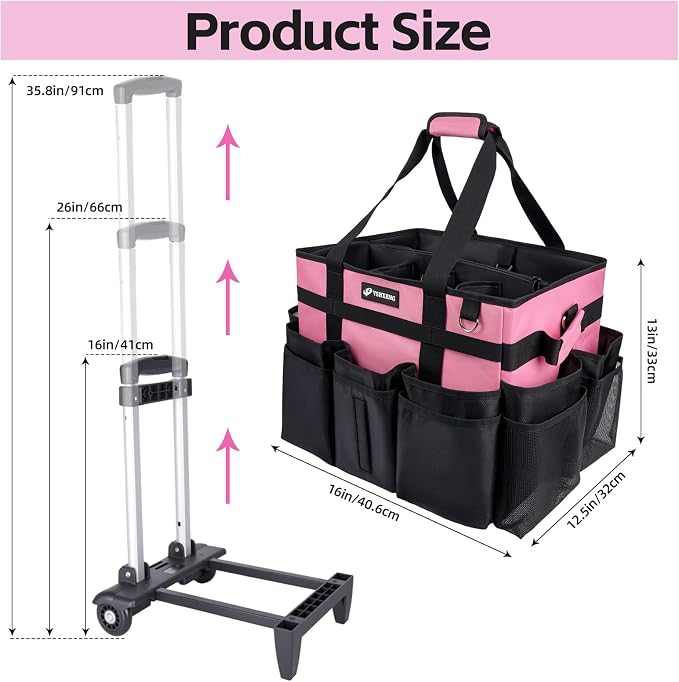 Large Rolling Cleaning Caddy Bag with Wheels, with Detachable Trolley, Cleaning Bags on Wheels for Housekeepers, Cleaning Cart Supplies Organizer for Home, Car, Picnic (Pink) - Image 4