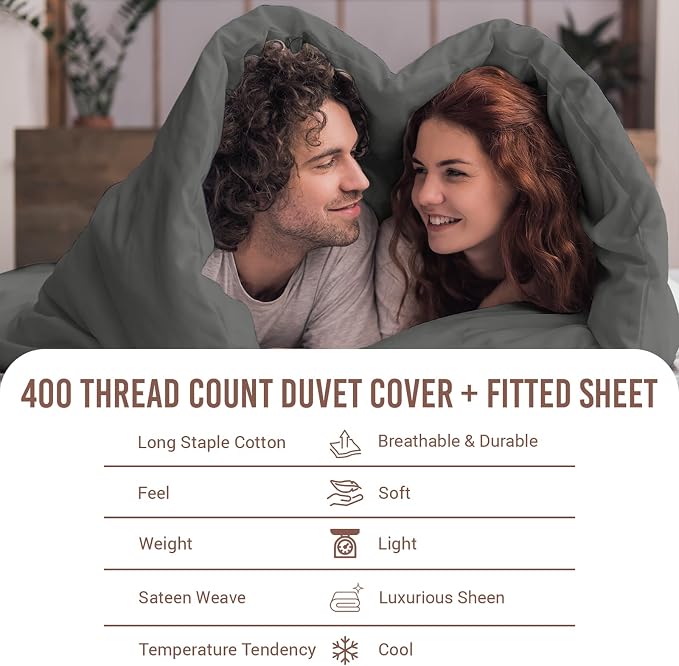 Pizuna 100% Cotton Queen 1 Pc Duvet Cover + 1 Pc Fitted Sheet Set 400 Thread Count Dark Grey Sateen Weave Luxurious Long Staple Cotton 4 Piece Bedding Set -1 Duvet Cover,2 Pillow Shams,1 Fitted Sheet - Image 4