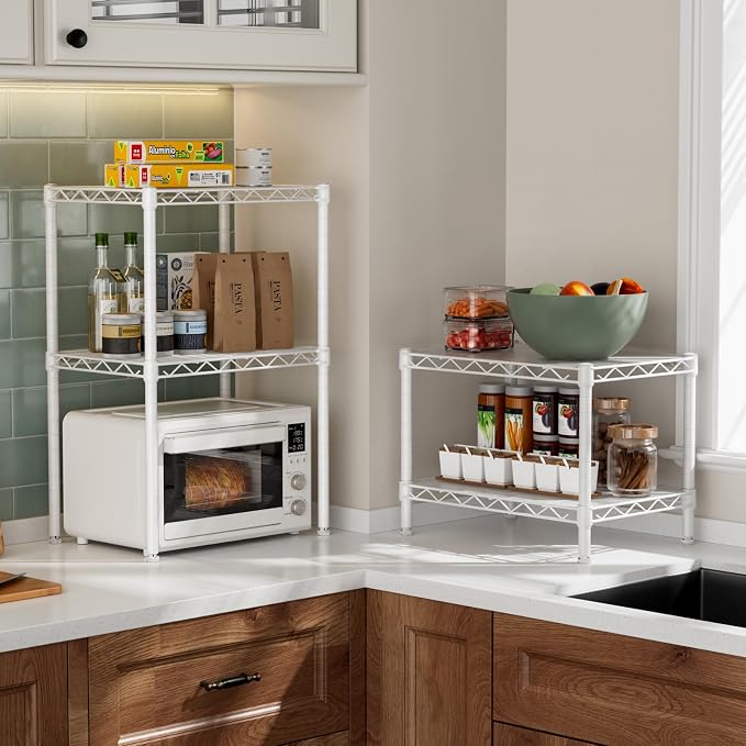 Golpart Small 2 Tier Shelves Storage Wire Shelving Unit Metal Shelf Adjustable Organizers Storage Shelving with Wheels for Bathroom Laundry Room Kitchen Pantry11.7”D x 17.7”W x 12.2”H White - Image 2