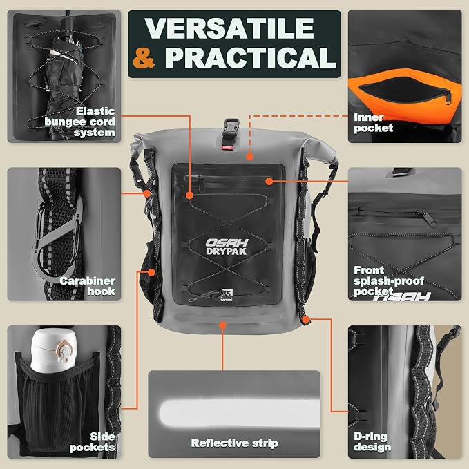 OSAH DRYPAK Waterproof Backpack Dry Bag 35L/55L/85L – Heavy Duty Roll-Top Hiking Backpack for Travel, Kayaking, Boating, Camping, Rafting and Fishing - Image 3