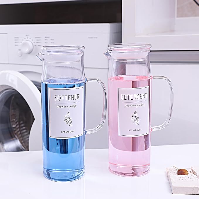 Laundry Detergent Dispenser Set with Labels and Handle for Laundry Room Organization and Storage- Easy Pour 2 Pack 50 oz Liquid Laundry Containers for Laundry Room Decor, Farmhouse Decor by KitHero