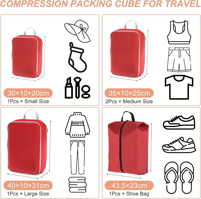 PATIKIL Compression Packing Cube for Travel, 5 Set Waterproof Travel Packing Cube Compression Nylon Luggage Organizer Bags Shoe Bag for Suitcases Backpack, Red - Image 2
