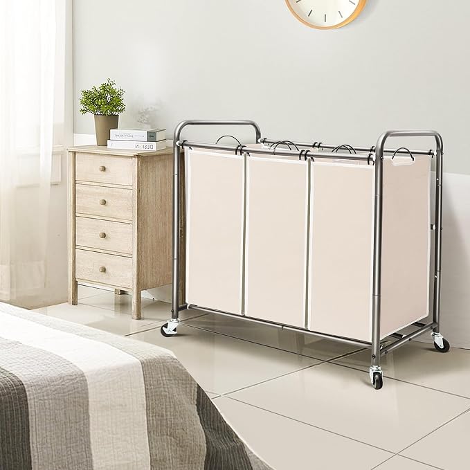 STO STO Laundry Sorter 3 Section, 3 Bag Clothes Hamper, Rolling Laundry Cart Basket with Heavy Duty Lockable Wheels and Removable Bag for Laundry Room, Bedroom, Closet, Beige - Image 2