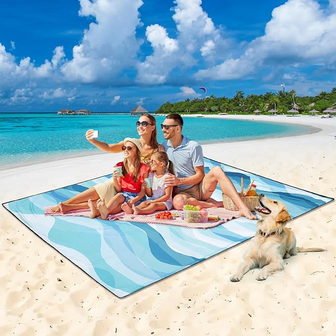 HIHOHO Beach Blanket Waterproof Sandproof Beach Mat for 1-8 Adults Quick Drying Durable Outdoor Picnic Mat for Beach Festival Travel Camping Hiking (Ocean Wave-Multi Blue, 79"×83"(4 Person)) - Image 4