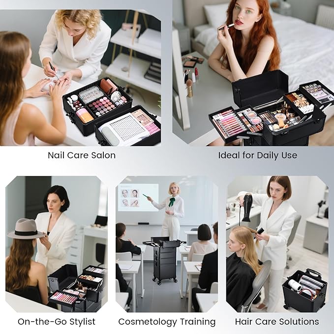 Rolling Makeup Case Makeup Train Case with Lid 5 in 1 Cosmetology Case on Wheels Cosmetic Trolley Organizer Large Makeup Organizers Case Profesional Cosmetic Case for Salon Barber Nail Beauty, Black - Image 5