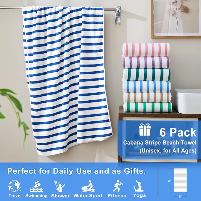 JML Microfiber Beach Towels, 6 Pack, 27" x 55", Large Bath Towel Set for Adult- Cabana Stripe - Absorbent, Quick Drying Lint-Free, No Fading for Summer Party, Pool, Sport, Yoga, Swimming, Dark Blue - Image 2
