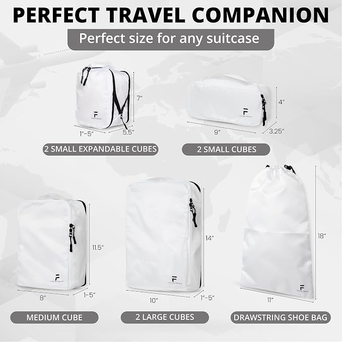 8 Piece Compression Packing Cubes Set - Double Capacity Design for Travel - Small, Medium & Large Sizes - Carry-On Suitcase Organizer Bags (White) - Image 6