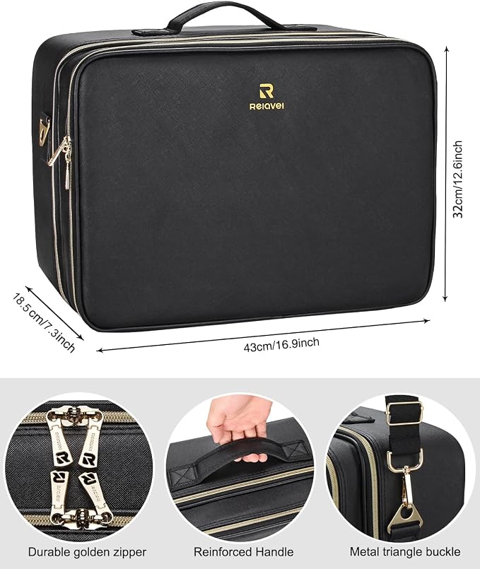 Relavel Extra Large Makeup Case Travel Makeup Bag Professional Leather Artist Bag Portable Cosmetic Brush Holder Organizer Nail Organizer Box with Adjustable Dividers - Image 3