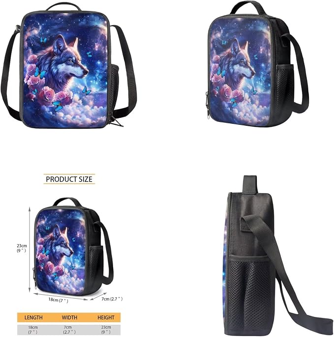 Galaxy Wolf Backpack for Girls Kids Backpack with Lunch Box Water Bottle Holder with Strap and Aesthetic Pencil Case 4PCS Set Bookbag with Front Pocket for School 17 inch Sturdy School Bag - Image 4