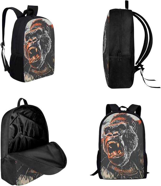 17 Inch Animal Print School Backpack And Lunch Box Set for Kids Lightweight Roaring Gorilla Backpack for Boys Girls Sturdy School Bag with Insulated Lunchbox Pencil Case Student Bookbag - Image 3