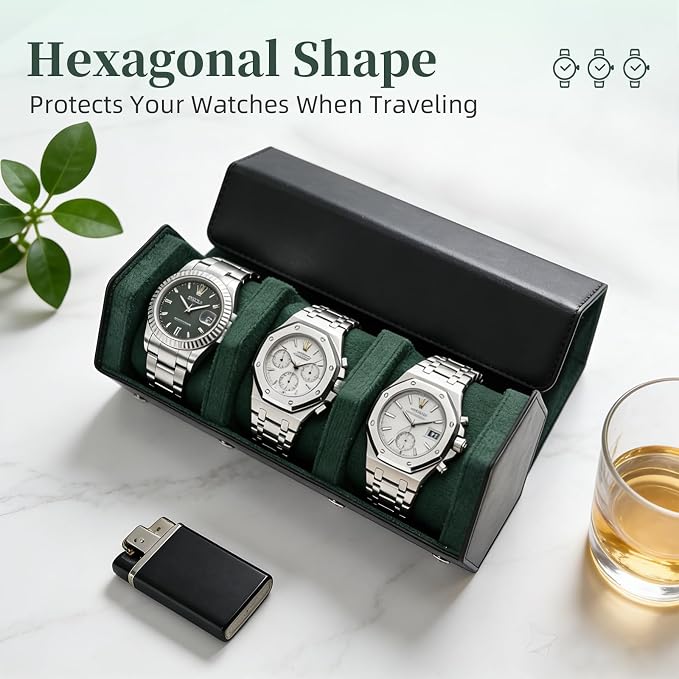 Luxury Hexagonal Leather Travel Watch Roll for 3 Watches, Black Green | Multiple Watch Capacity,Premium Hexagon Leather,Velvet M-Shaped Cushions,Secure Snap Closure,Storage Organizer - Image 4