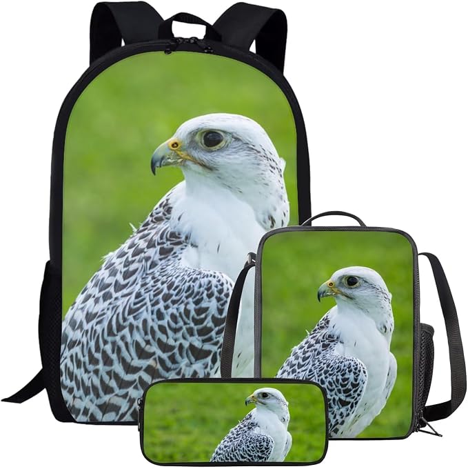 Kids Novelty Animal Backpack and Lunch Box for Boys Girls Student Lightweight 17 Inch School Bird Gyrfalcon Backpack with Lunch Bag Pencil Case Kids Comfy Padded Black Large Bookbag by Parprinty