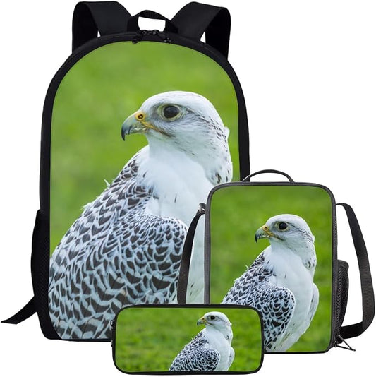 Kids Novelty Animal Backpack and Lunch Box for Boys Girls Student Lightweight 17 Inch School Bird Gyrfalcon Backpack with Lunch Bag Pencil Case Kids Comfy Padded Black Large Bookbag by Parprinty