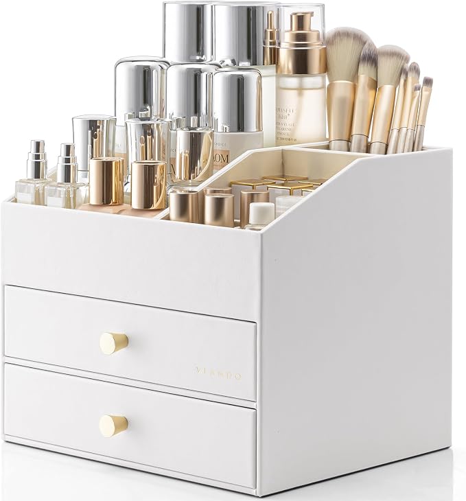 VLANDO Makeup Organizer for Vanity,Large Capacity Countertop Organizer with Drawers, PU Leather Cosmetic Display Case for Lipstick,Brushes,Skincare,Nail polish and Bedroom Storage (White) by VLANDO