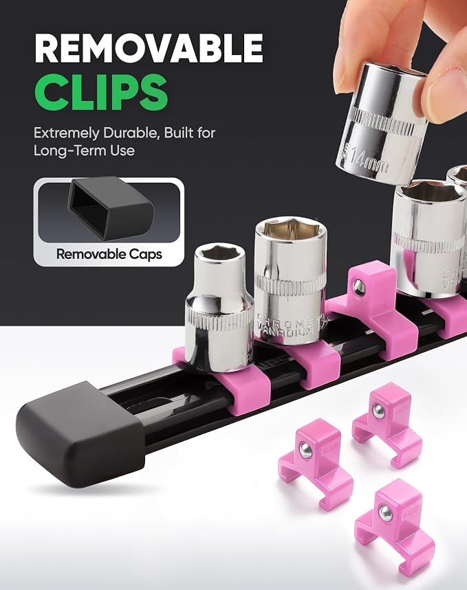 ALOANES 9PC Socket Organizer, Socket Rails Fit 1/2", 1/4" and 3/8" Drive | Heavy Duty ABS Socket Holders Hold up 129 Sockets for Toolbox Drawer Bags(Pink) - Image 4