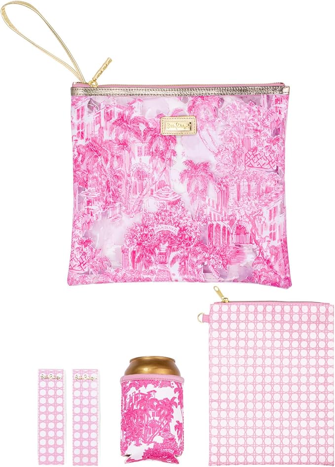 Lilly Pulitzer Water Resistant Vinyl Beach Day Pouch, Zipper Bag Includes Drink Hugger, Small Pouch, and Towel Clips by Unknown