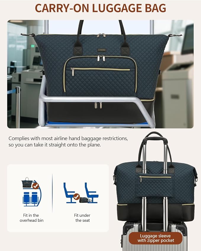 Weekender Bags for Women Travel, Under Seat Carry On Bags for Airplanes Overnight Bag with Shoe Compartment Luggage Sleeve, Foldie Travel Tote Bag Hospital Bag, Travel Gifts, PeacockBlue Black - Image 7