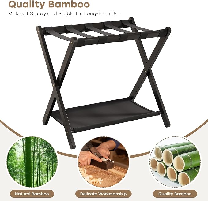 Fully Assembled Black Luggage Rack for Guest Room, Bamboo Folding Suitcase Stand with Fabric Storage Shelf, 5 Nylon Straps, Upgraded Luggage Rack Holder for Bedroom Hotel, Holds up to 165 Lbs, 1pcs - Image 7