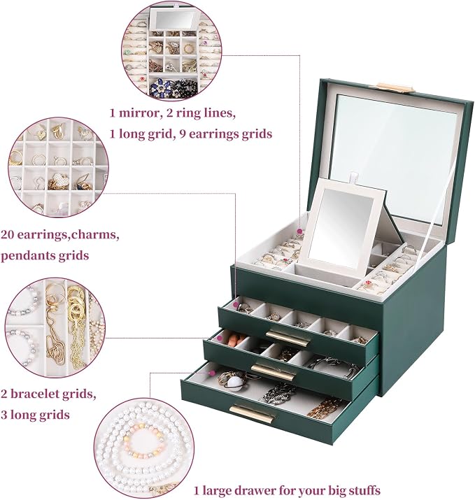 BOOVO Clear Lid Jewelry Box,3 Layers Jewelry Organizer Large Jewelry Storage Box with 2 Drawers,Jewelry Holder Organzier of Rings Earrings Necklace Bracelets for Women (Dark Green, 4 Layer) - Image 5