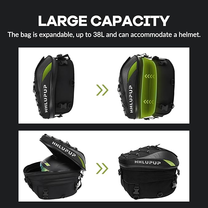 Motorcycle Tail Bag with Password Lock 25L- 38L Convertible Helmet Backpack, Waterproof Luggage Bags for Dirt Bike and Road Trip Riders Green - Image 3